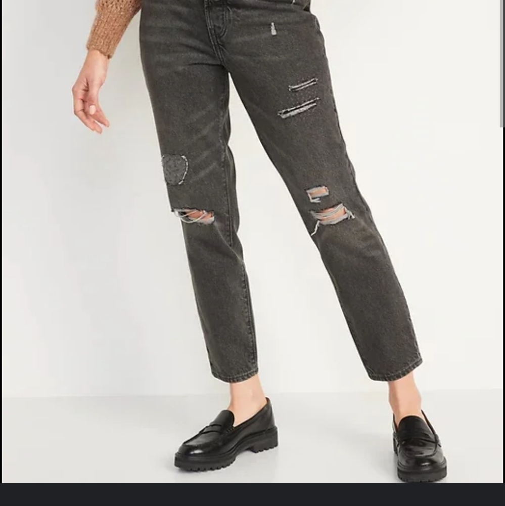 Old Navy OG Straight Tall Rip n' Repair Sashiko Black Grey Jeans in Size 14 Tall